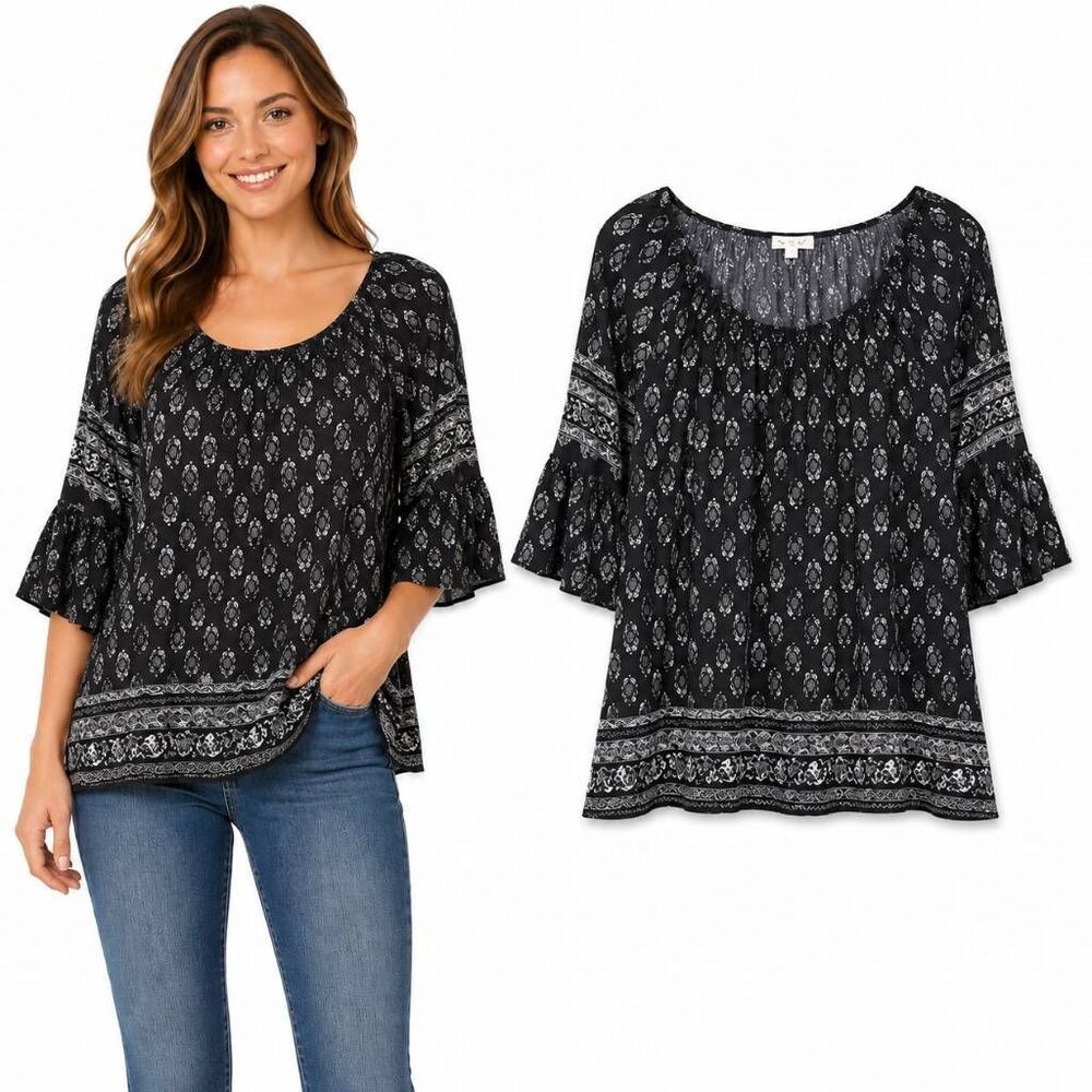Maurices Boho Floral Peasant Blouse Small Black